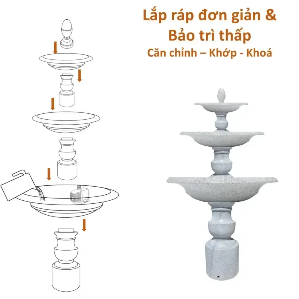Đài phun nước 3 tầng Cao 205 x D 150 cm. Có bể nước - Ảnh 7